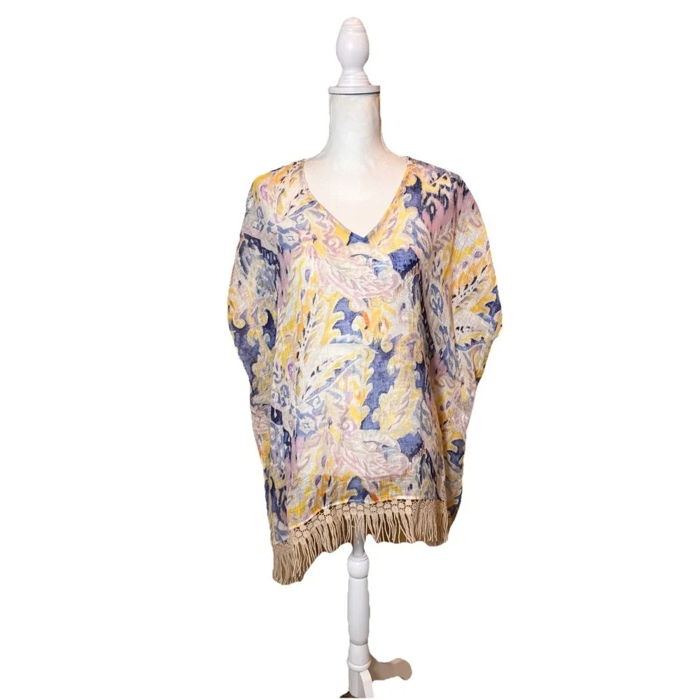 Chico's Linen Swim‎ Cover Up S/M Paisley Print Fringe Hem Beach Tunic Boho
